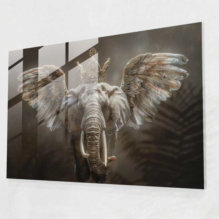 Winged Elephant Glass Wall Art - Surrealism Art, Crown, Elephant, Wings