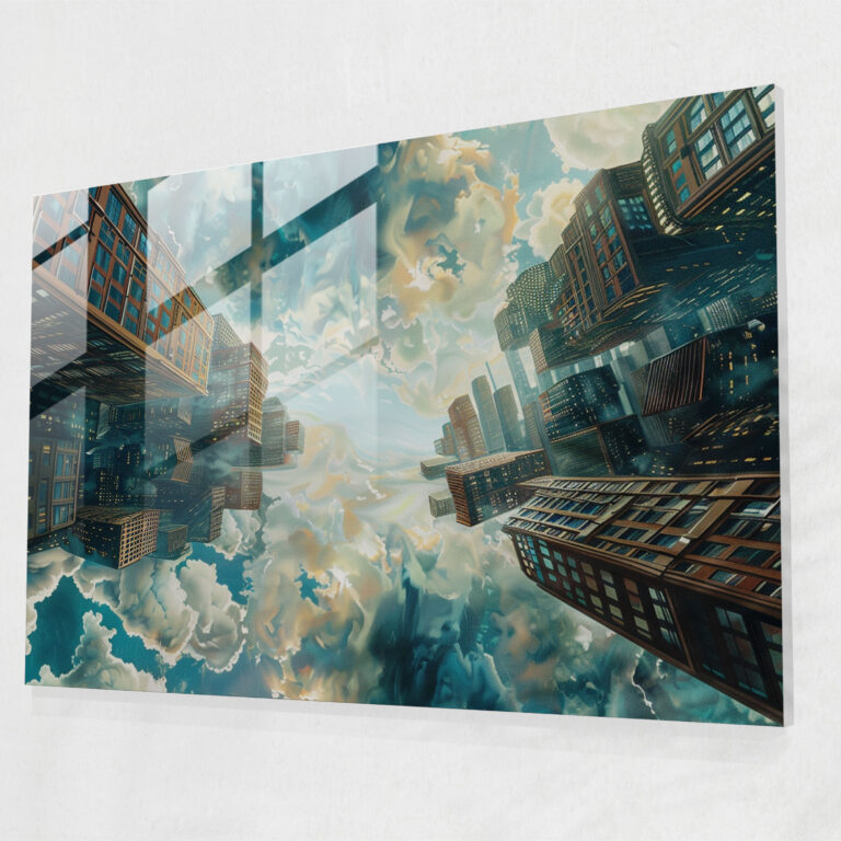 Upside-Down Cityscape Glass Wall Decoration - Surrealism Art, Floating, Home Decoration, Modern Art