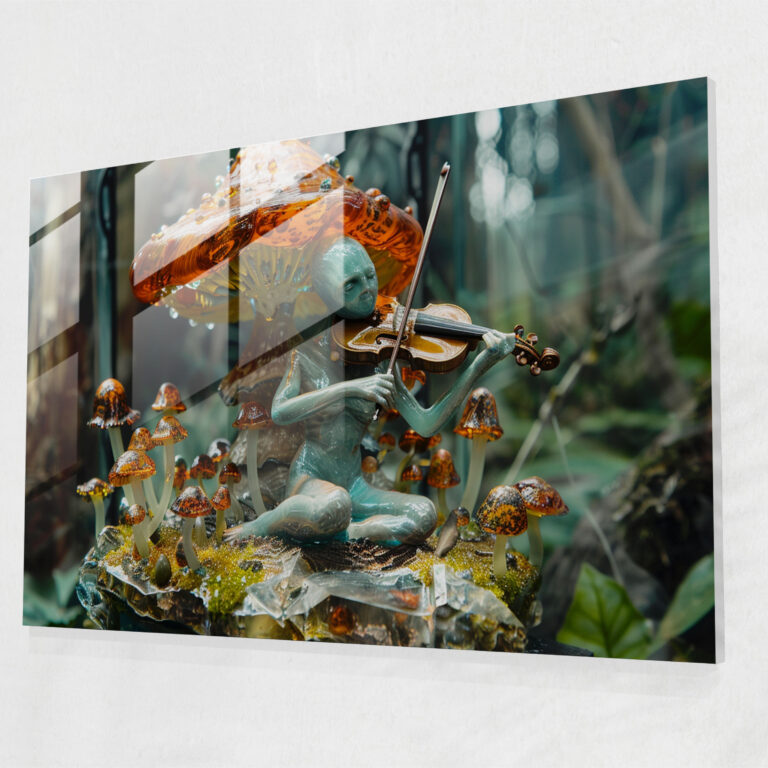 Violinist On Mushroom Glass Art - Surrealism Art, Music, Modern Art, Glass Art