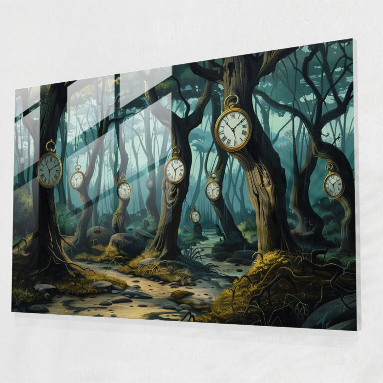 Melting Clock Forest Glass Print - Surrealism Art, Time, Melting Clocks, Forest