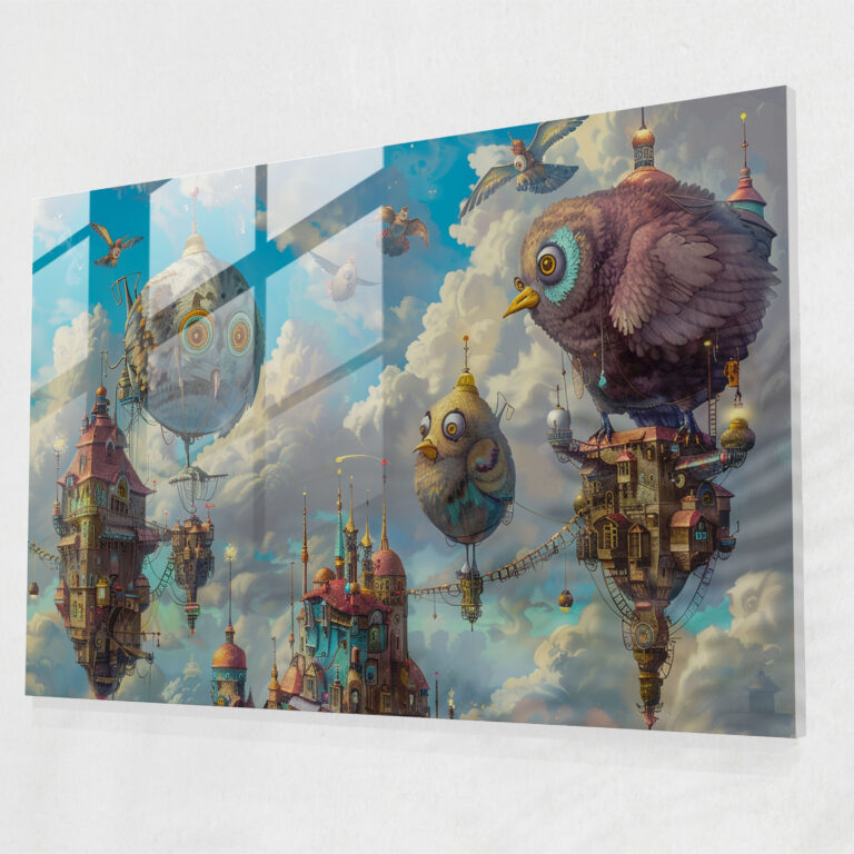 Surrealism Glass Wall Art: Enchanted City Creatures - Surrealism Art, Surrealism Art, Glass Wall Art, Wall Decoration