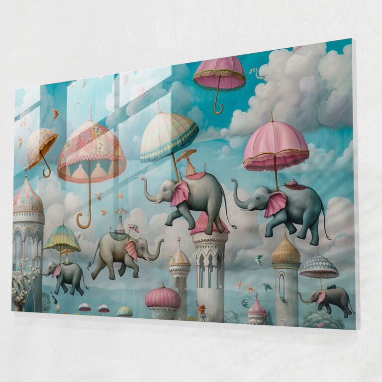 Surrealism Wall Decoration: Flying Elephants Carnival - Surrealism Art, Wall Decoration, Glass Art, Modern Art