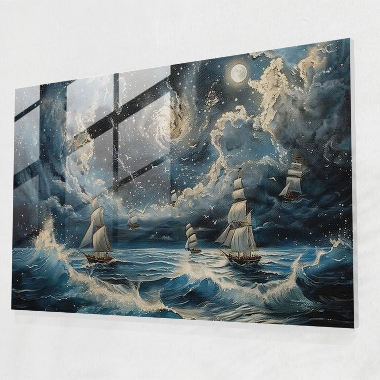 Surrealism Glass Art: Moonlit Seascape Ships - Surrealism Art, Surrealism Art, Glass Print, Wall Decoration