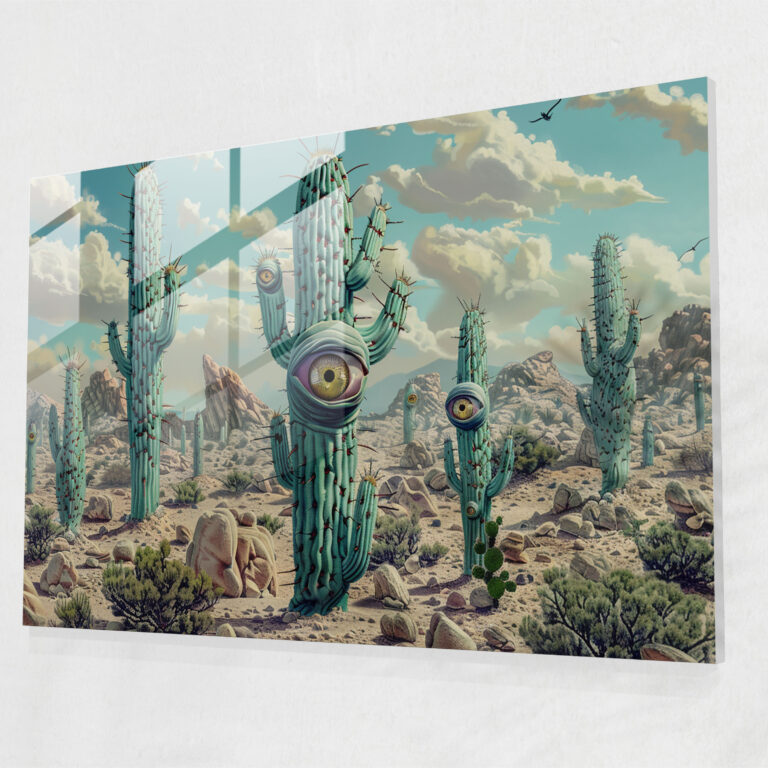 Surrealism Glass Print: Enigmatic Desert Cactus - Surrealism Art, Home Decoration, Surrealism Art, Wall Decoration
