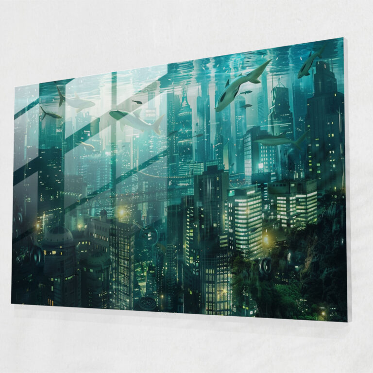 Surrealism Wall Decoration: Underwater City Fish - Surrealism Art, Glass Art, Home Decoration, Wall Decoration