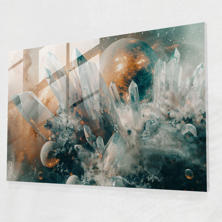 Surrealism Modern Art: Galaxy Planets Crystals - Surrealism Art, Home Decoration, Modern Art, Glass Print