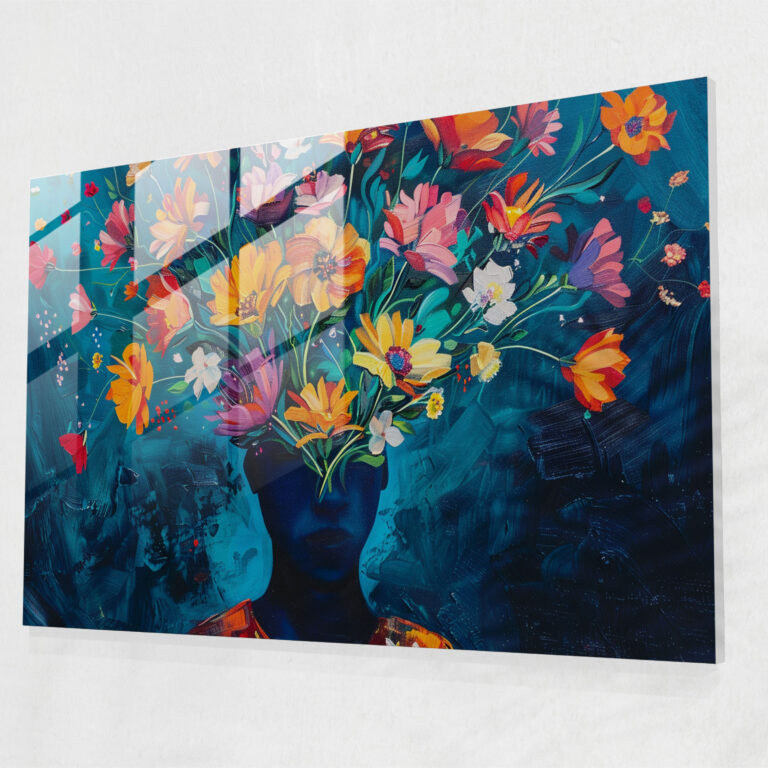 Surrealism Floral Head Glass Print - Surrealism Art, Modern Art, Glass Wall Art, Home Decoration