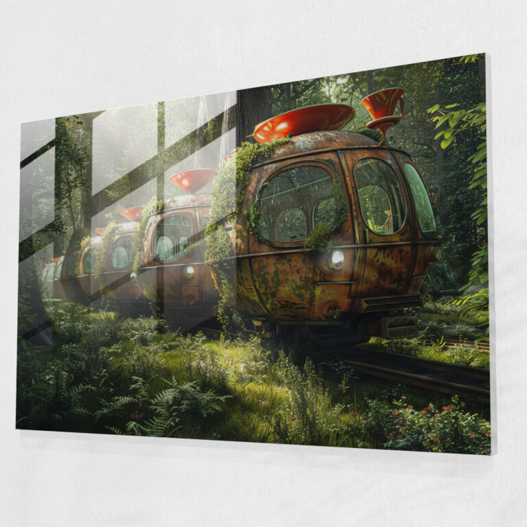 Surrealism Train In Teacup Forest Wall Art - Surrealism Art, Wall Decoration, Home Decoration, Glass Print
