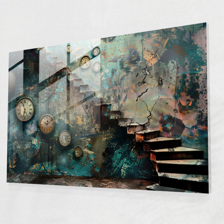 Surrealism Clock Staircase Glass Print - Surrealism Art, Surrealism Art, Glass Art, Glass Wall Art