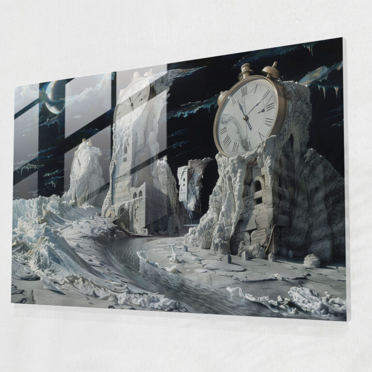 Melting Clocks Glass Print - Surrealism Art, Modern Art, Distorted Landscapes, Glass Print