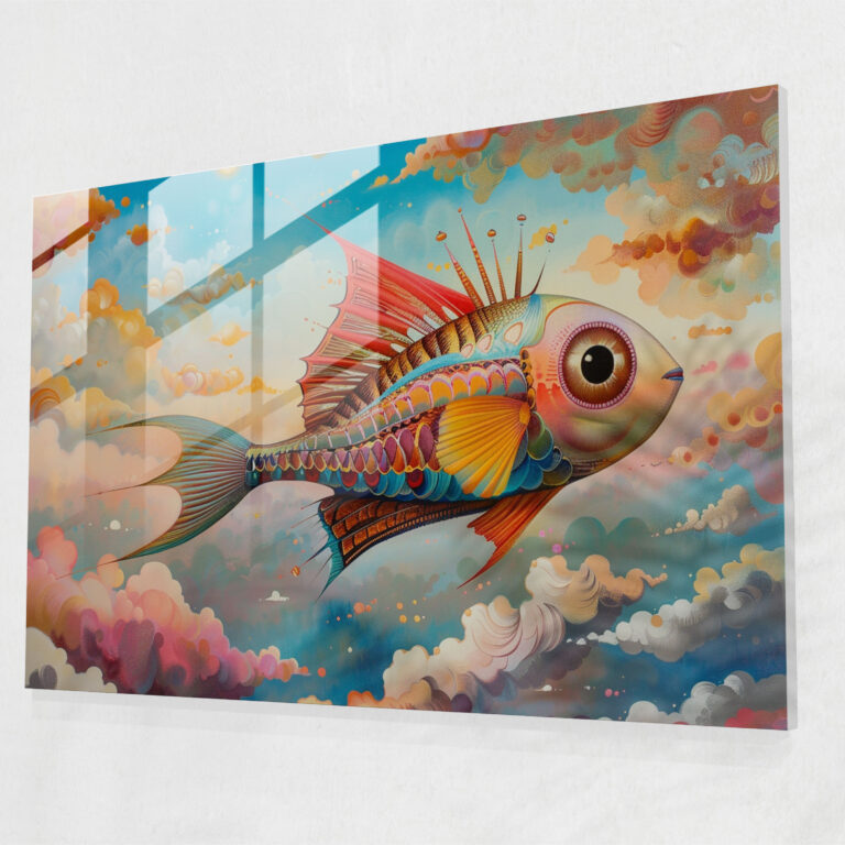 Flying Fish Glass Print - Surrealism Art, Colorful Skies, Wall Decoration, Home Decoration