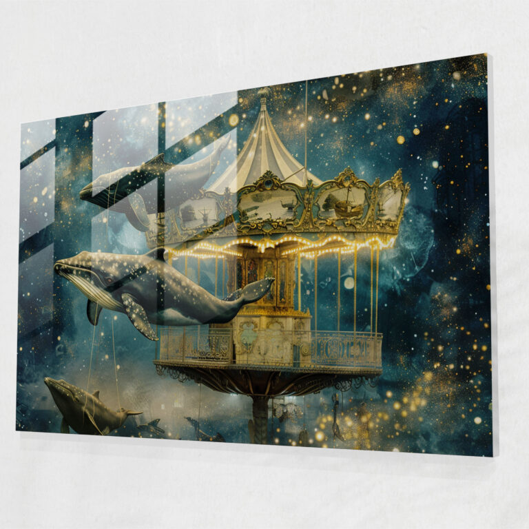 Surrealism Flying Whales Glass Print - Surrealism Art, Glass Print, Wall Decoration, Modern Art