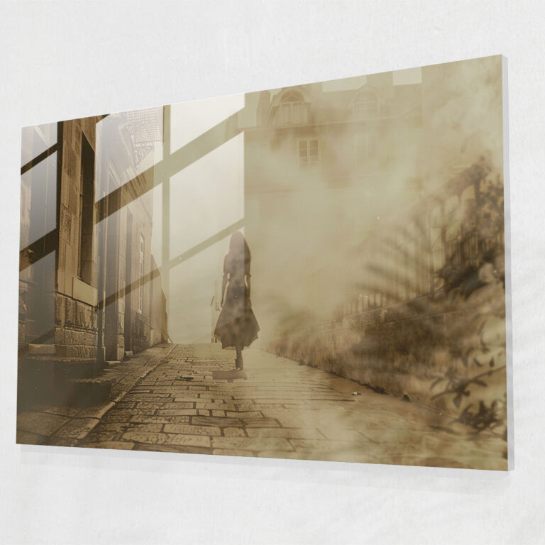 Surrealism Art Glass Print - Vintage Woman Walking Down Street - Surrealism Art, Street, Home Decoration, Wall Decoration