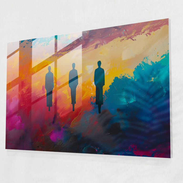 Surrealism Art Glass Print - Abstract Figures In Vibrant Sky - Surrealism Art, Vibrant, Glass Print, Abstract
