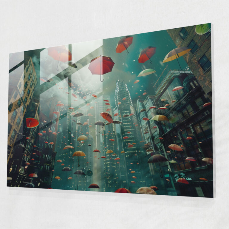 Surrealism Art Glass Print - Cityscape With Floating Umbrellas - Surrealism Art, Urban, Glass Print, Charm