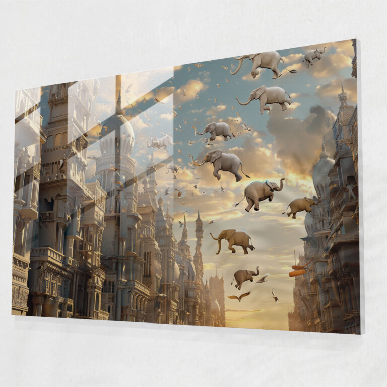Flying Elephants Cityscape Glass Print - Surrealism Art, Glass Print, Home Decoration, Wall Decoration