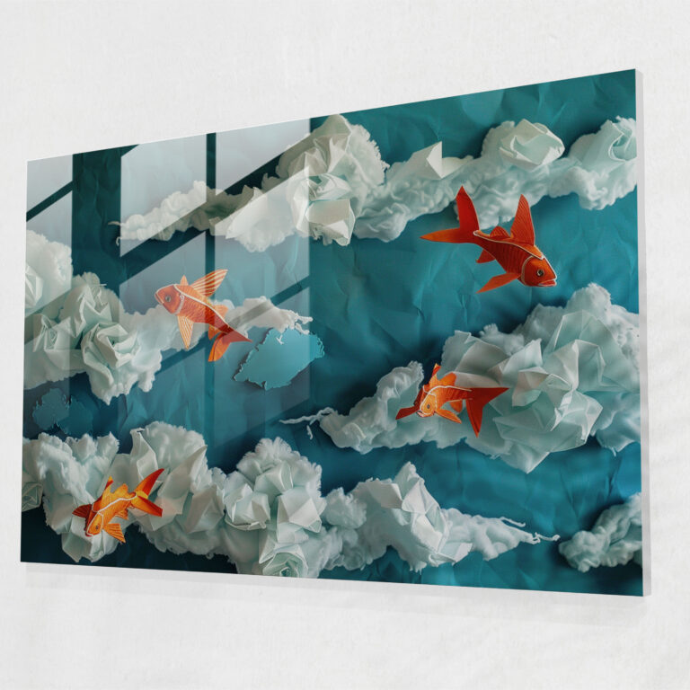 Flying Fish Clouds Glass Wall Art - Surrealism Art, Wall Decoration, Glass Art, Glass Wall Art