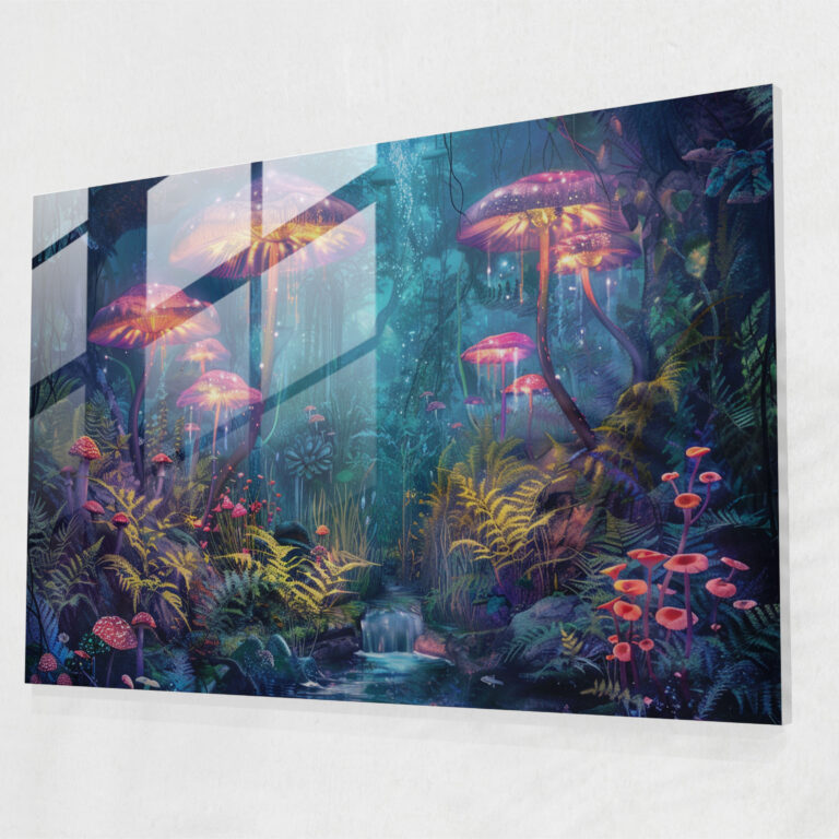 Glowing Mushrooms Underwater Garden Glass Print - Surrealism Art, Modern Art, Glass Art, Surrealism Art
