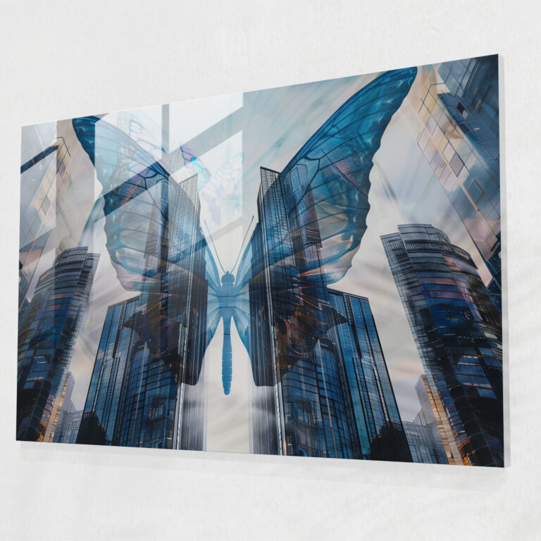 Butterfly Skyscrapers Surrealism Modern Art - Surrealism Art, Glass Print, Home Decoration, Surrealism Art