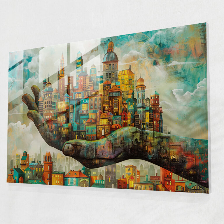 Surrealism Art Glass Print - Hand Holding City - Surrealism Art, Glass Art, Glass Wall Art, Surrealism Art