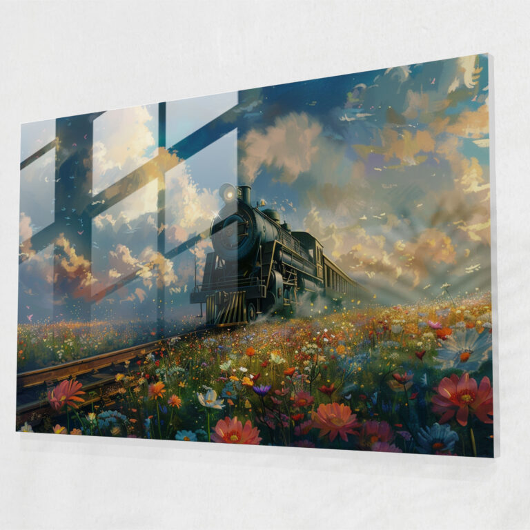 Surrealism Art Glass Print - Train In Flower Field - Surrealism Art, Glass Print, Modern Art, Surrealism Art