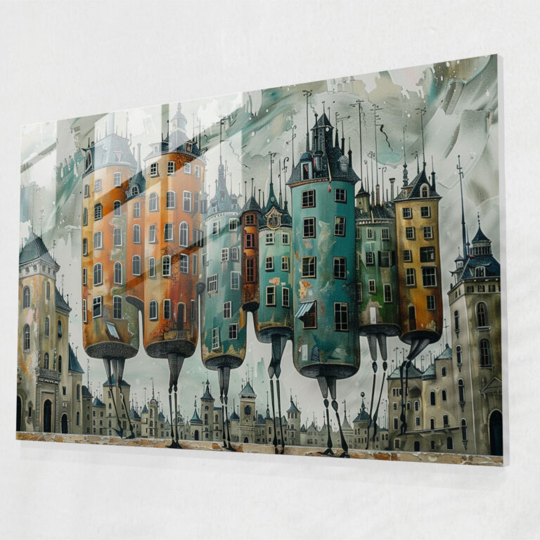 Surrealism Art Glass Wall Art - Walking Buildings - Surrealism Art, Home Decoration, Glass Art, Modern Art