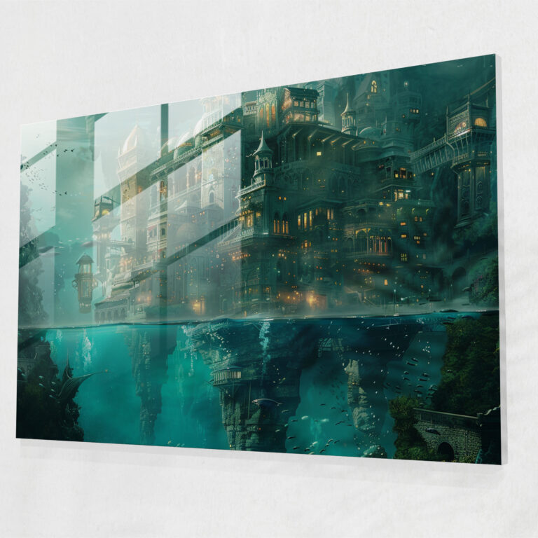 Fantastical Underwater City Glass Print - Surrealism Art, Glass Wall Art, Surrealism Art, Modern Art
