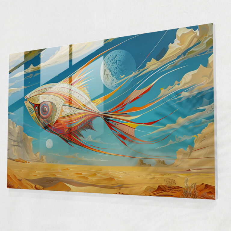 Whimsical Flying Fish Glass Print - Surrealism Art, Home Decoration, Surrealism Art, Modern Art