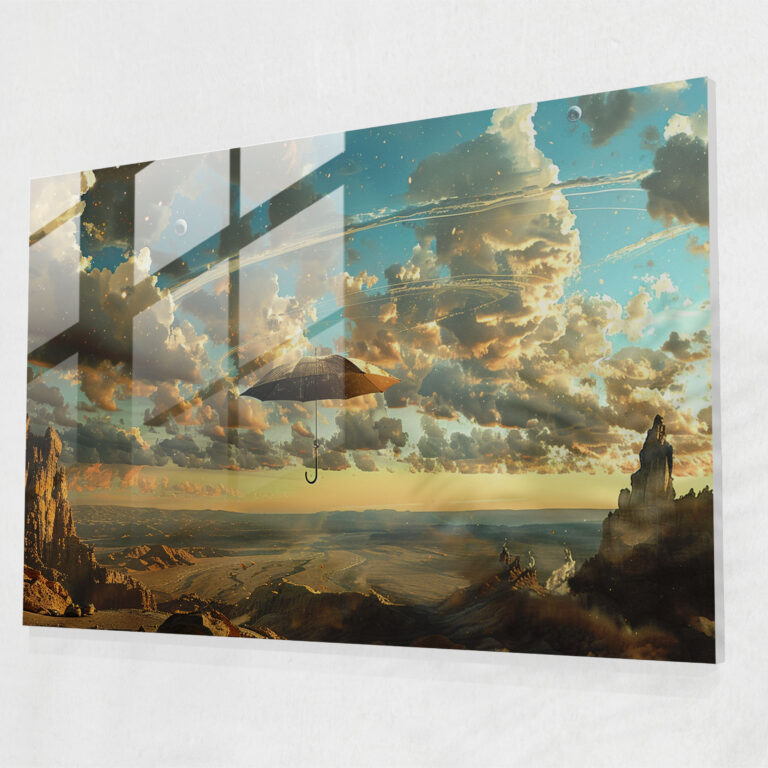 Surrealism Glass Wall Art: Floating Umbrella In Desert Landscape - Surrealism Art, Home Decoration, Glass Wall Art, Modern Art