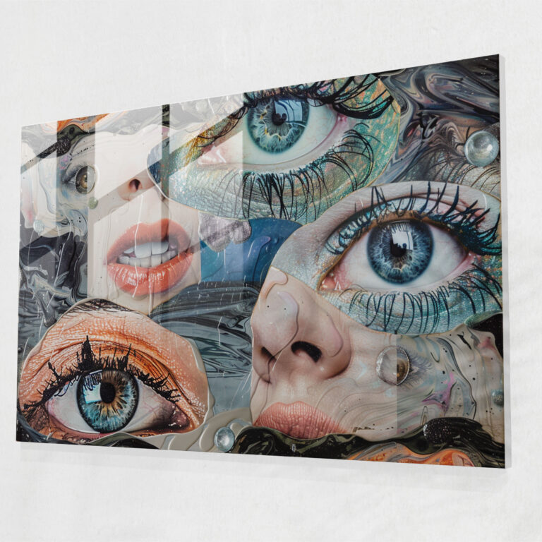 Surrealism Glass Art: Collage Of Floating Eyes And Lips - Surrealism Art, Modern Art, Wall Decoration, Glass Art