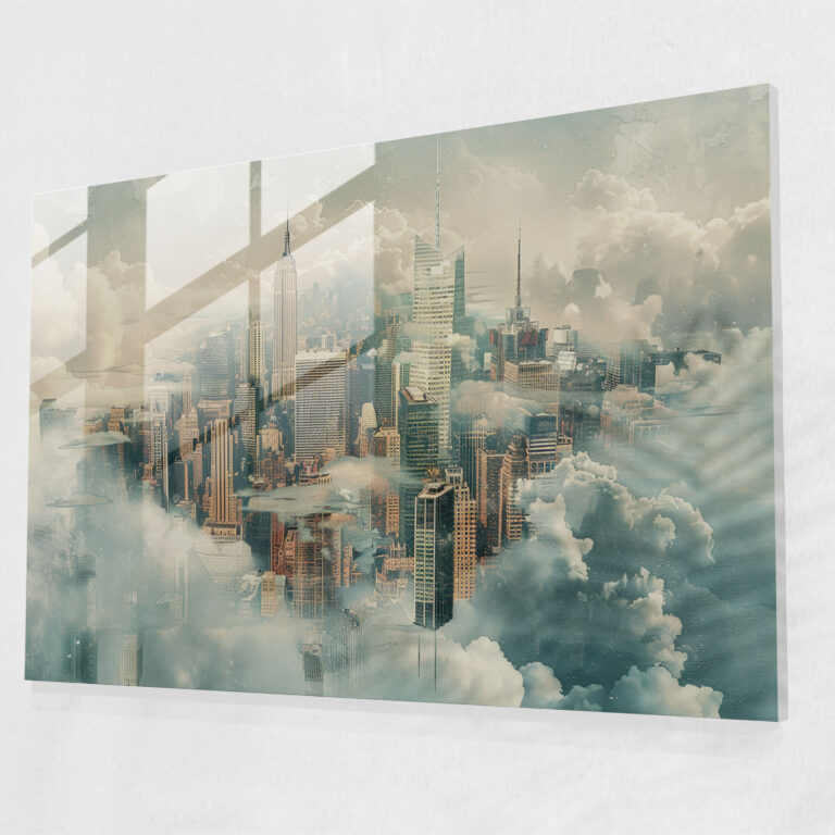 Surrealism Wall Decoration: City Skyline Merging With Clouds - Surrealism Art, Modern Art, Glass Art, Wall Decoration