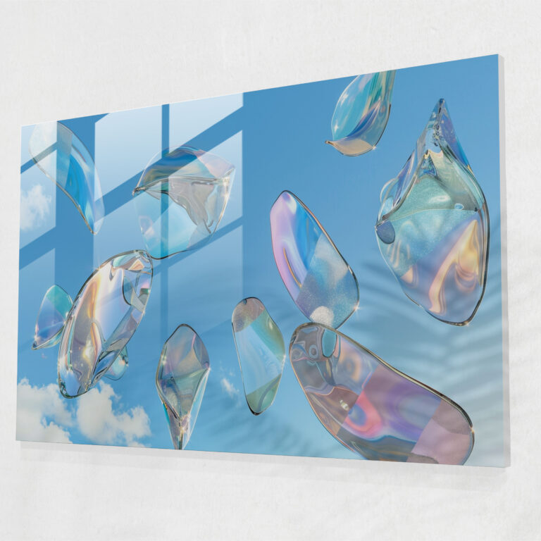 Surrealism Glass Print: Abstract Shapes Floating In A Blue Sky - Surrealism Art, Surrealism, Glass Print, Home Decoration