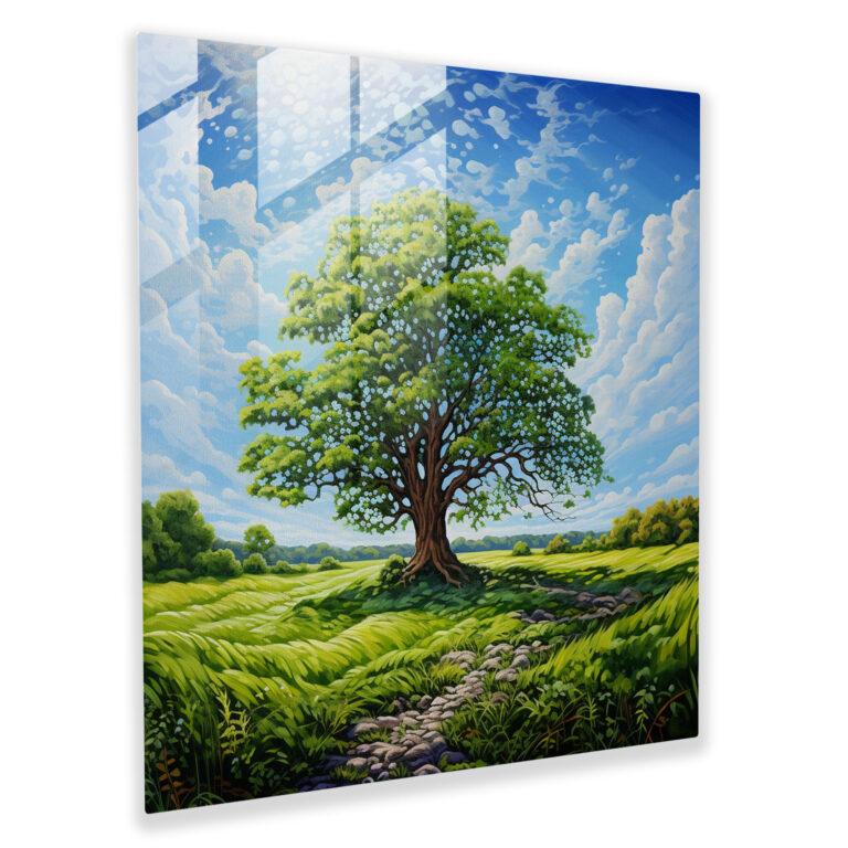 Serene Tree Of Life Glass Print - Tree Of Life, Impressionist Painting, Home Decoration, Lush Green Field