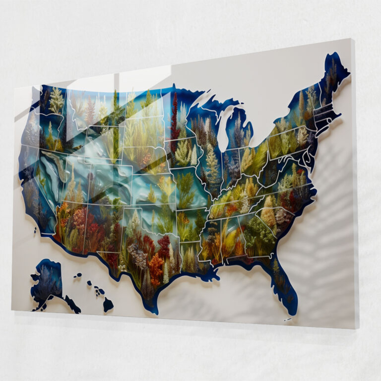 United States Of America Nature-Inspired Glass Art - United States Of America Map, Calming Colors, Intricate Details, Peaceful Ambiance