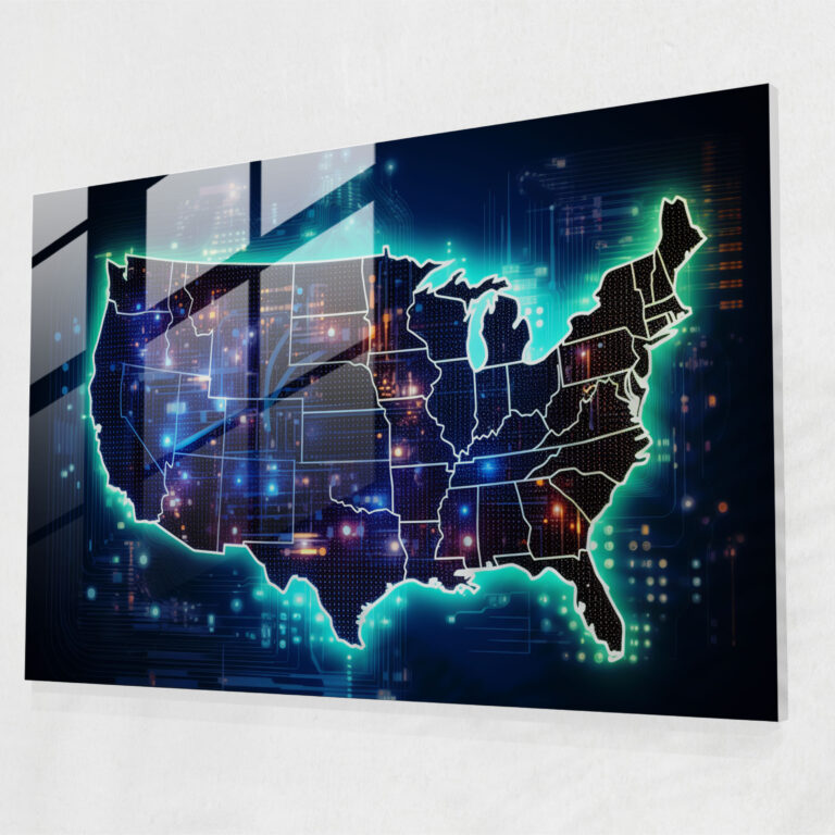 Futuristic United States Of America Map Glass Print - United States Of America Map, Wall Decoration, Glass Art, Neon Colors