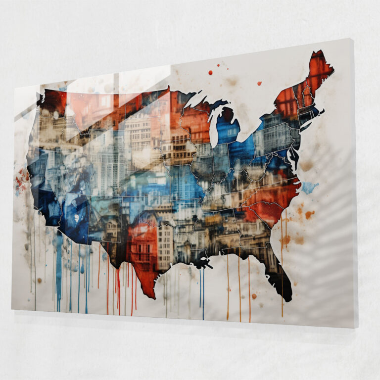 Usa Map Glass Print - Abstract Collage - United States Of America Map, Unique Composition, Glass Art, Home Decoration