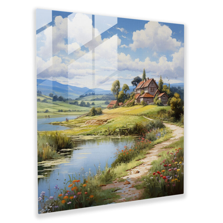 Tranquil Countryside Village Glass Print - Village, Home Decoration, Wall Decoration, Oil Painting