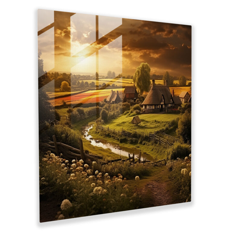 Golden Countryside Village Glass Print - Village, Lush Countryside, Photography, Glass Art
