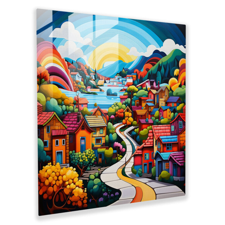 Lively Pop Village Glass Print - Village, Wall Decoration, Lively Atmosphere, Bold Colors