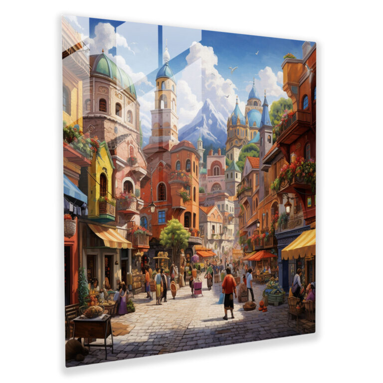 Vibrant Village Square Glass Print - Village, Vibrant, Home Decoration, Glass Wall Art