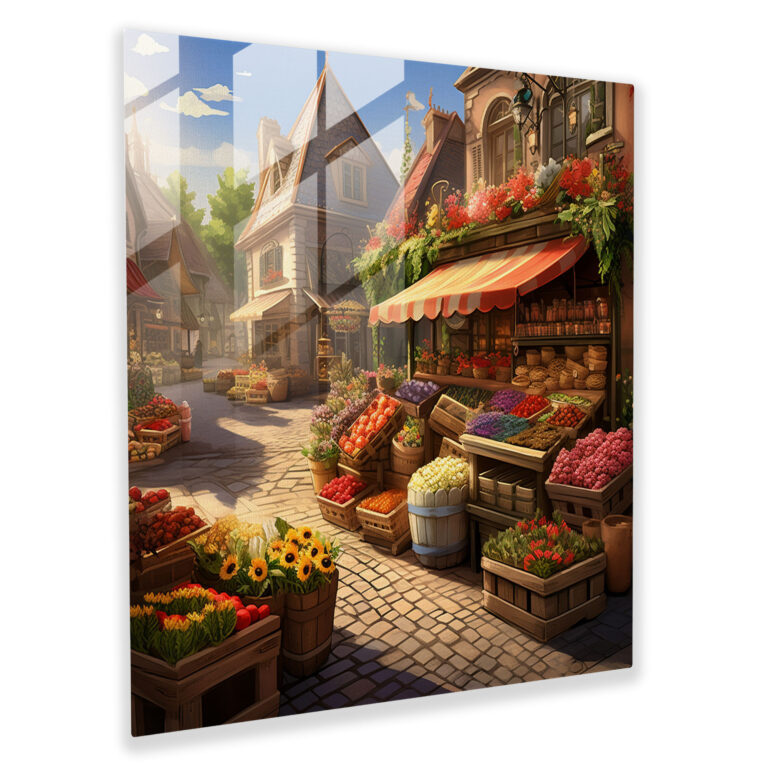 Marketplace Village Glass Print - Village, Wall Decoration, Fresh Produce, Colorful Flowers