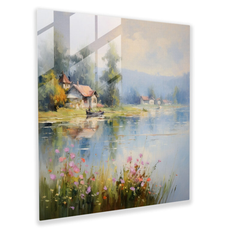 Tranquil Lakeside Village - Glass Print - Village, Modern Art, Wall Decoration, Glass Print