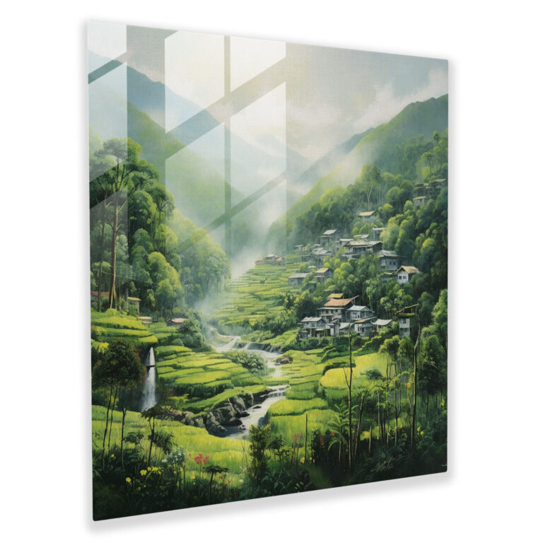 Hidden Village Landscape Glass Print - Village, Lush Green Hills, Serenity, Home Decoration