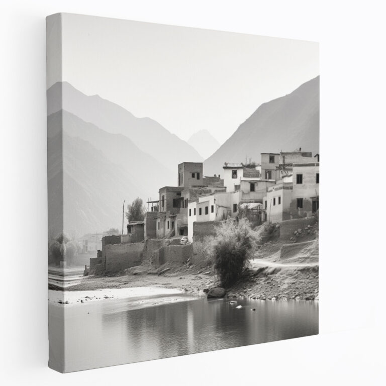 Minimalist Village Photography Canvas Print - Village, Home Decoration, Mountain Backdrop, Minimalist