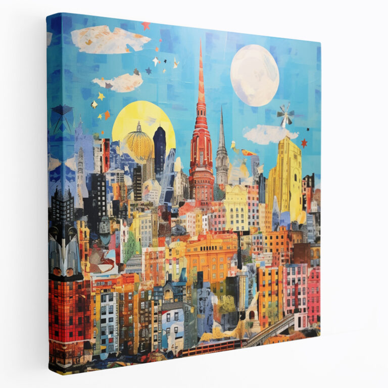 Modern Village Skyline Collage Canvas Print - Village, Mixed Media Collage, Wall Art, Architecture