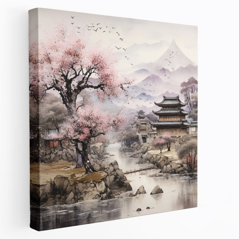 Cherry Blossom Village Ink Canvas Print - Village, Canvas Print, Serenity, Ink Painting