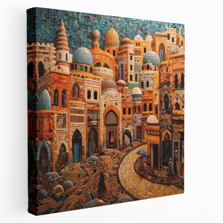 Mosaic Village Square Canvas Print - Village, Mosaic Artwork, Wall Art, Village