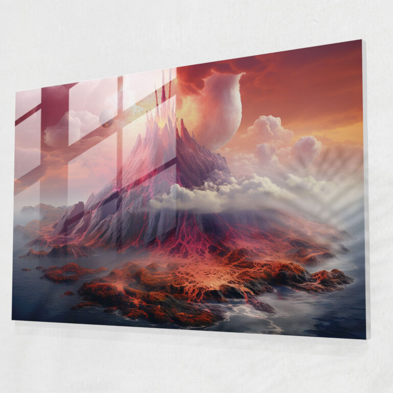 Volcano Glass Wall Art - Volcano, Volcano, Mysterious Creatures, Vibrant Colors