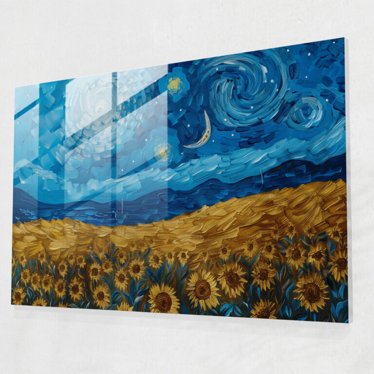 Vincent Van Gogh Glass Print - Starry Night And Sunflowers - Vincent Van Gogh, Home Decoration, Wall Decoration, Vincent Van Gogh