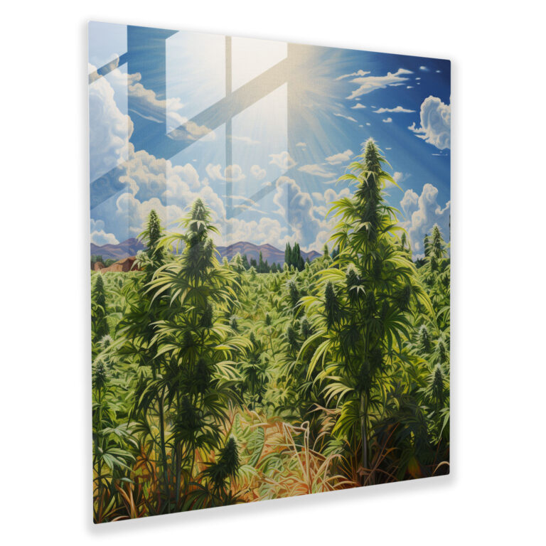 Sunny Cannabis Field Glass Print - Weed, Glass Art, Sunny Sky, Wall Decoration